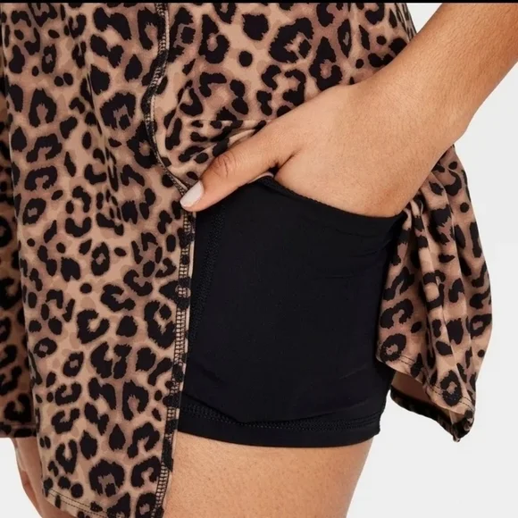 JoyLab Women's Knit Squareneck Slit Active Dress Leopard Print Built-in Shorts S - Picture 4 of 7